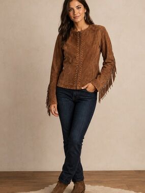 Chico’s Brown Suede Leather Fringe Western Jacket Cowgirl Boho Size 0 Small